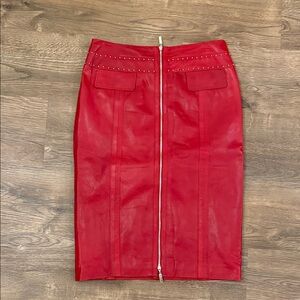 Doncaster Red Leather Pencil Skirt with Studded Detail Size 2